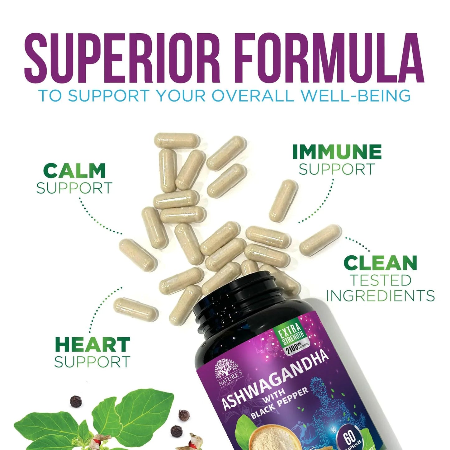 Ashwagandha Supplements 2100Mg - Extra Strength Ashwagandha Powder & Root Extract with Black Pepper for Max Absorption, Herbal Antioxidant Supplements for Women & Men, Vegan, Non-Gmo - 60 Capsules