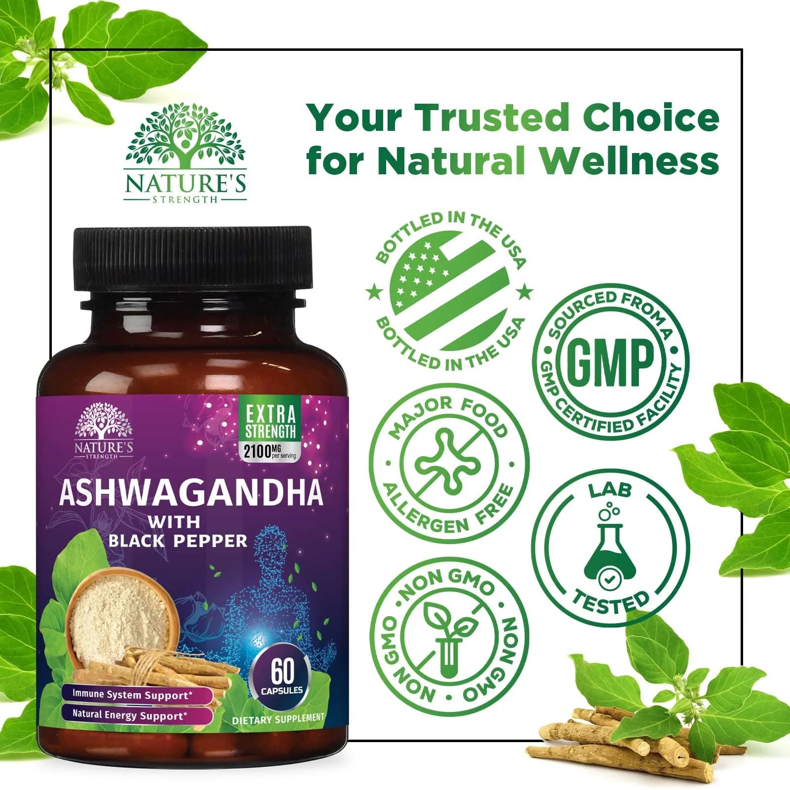 Ashwagandha Supplements 2100Mg - Extra Strength Ashwagandha Powder & Root Extract with Black Pepper for Max Absorption, Herbal Antioxidant Supplements for Women & Men, Vegan, Non-Gmo - 60 Capsules