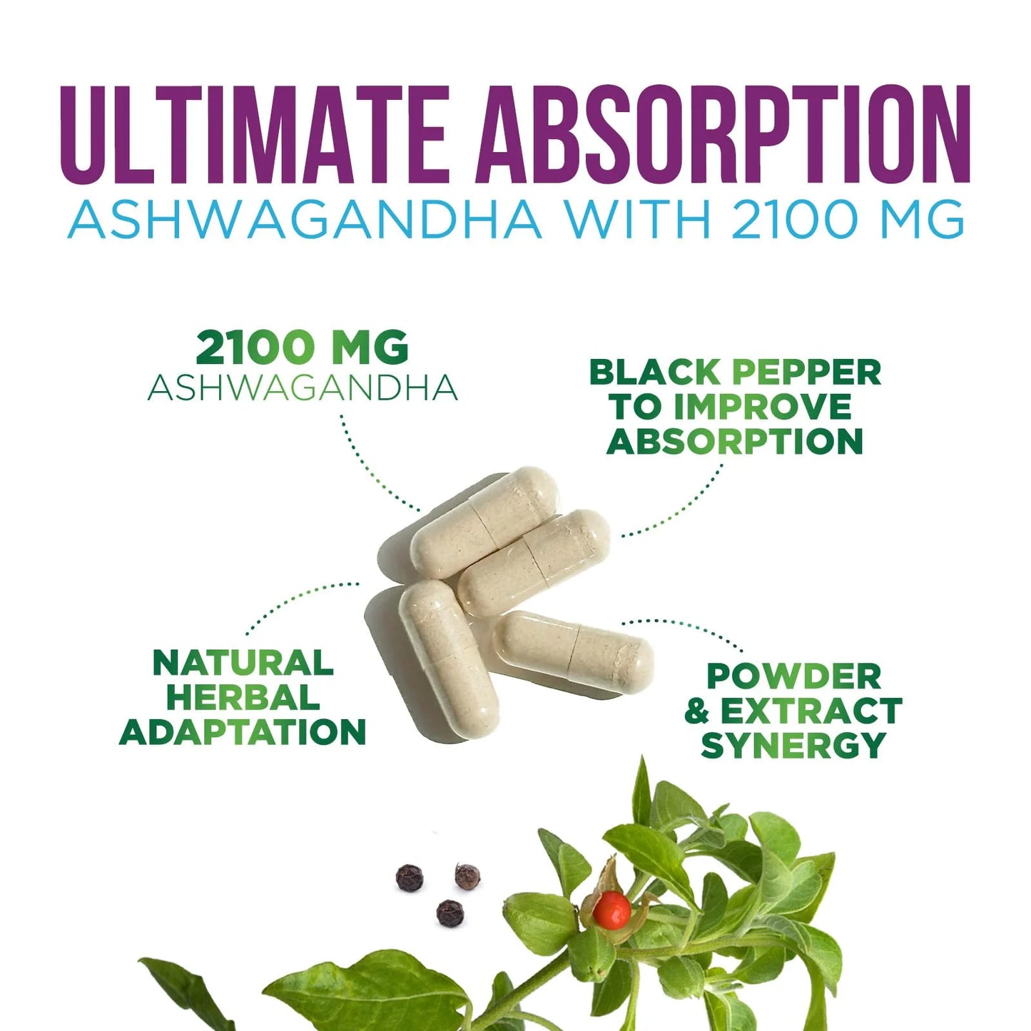 Ashwagandha Supplements 2100Mg - Extra Strength Ashwagandha Powder & Root Extract with Black Pepper for Max Absorption, Herbal Antioxidant Supplements for Women & Men, Vegan, Non-Gmo - 60 Capsules