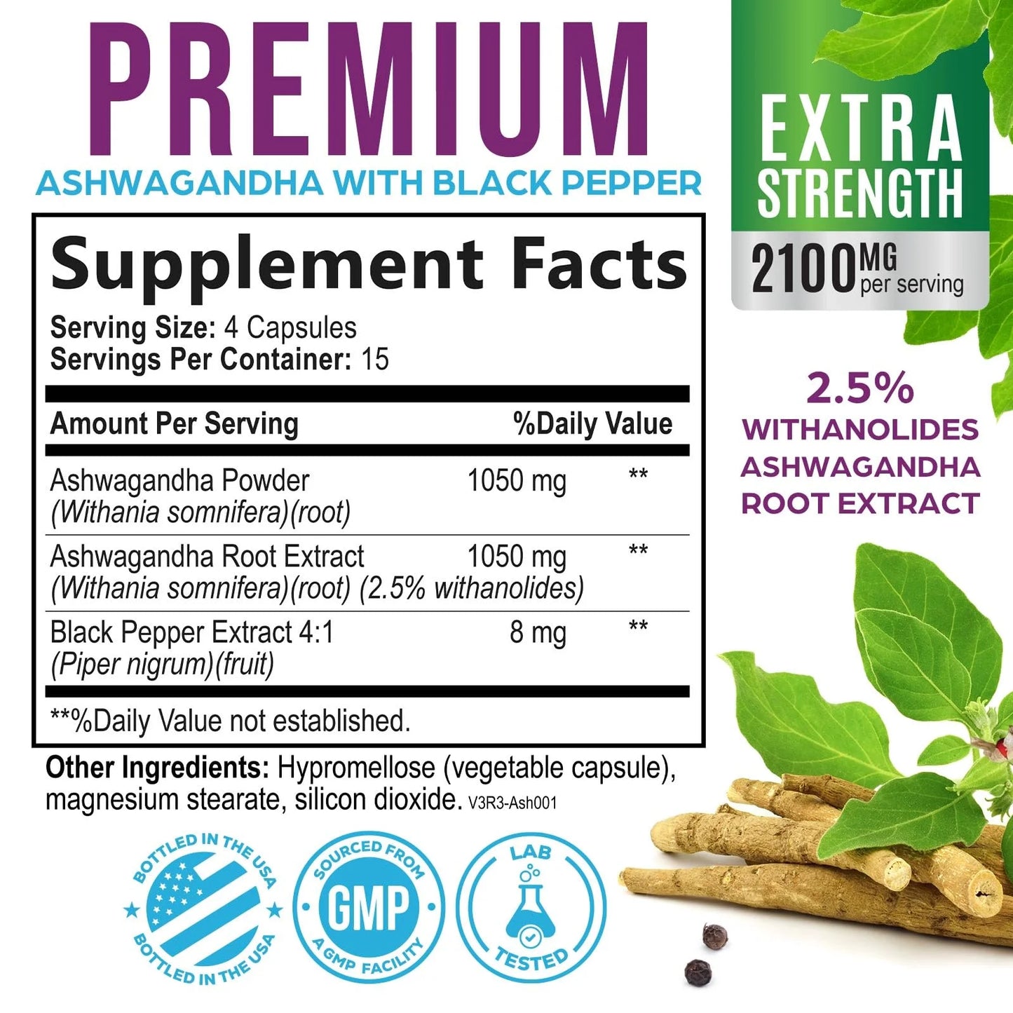 Ashwagandha Supplements 2100Mg - Extra Strength Ashwagandha Powder & Root Extract with Black Pepper for Max Absorption, Herbal Antioxidant Supplements for Women & Men, Vegan, Non-Gmo - 60 Capsules