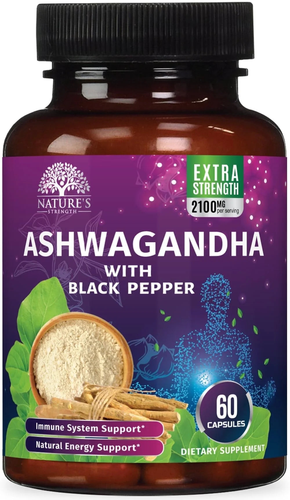 Ashwagandha Supplements 2100Mg - Extra Strength Ashwagandha Powder & Root Extract with Black Pepper for Max Absorption, Herbal Antioxidant Supplements for Women & Men, Vegan, Non-Gmo - 60 Capsules