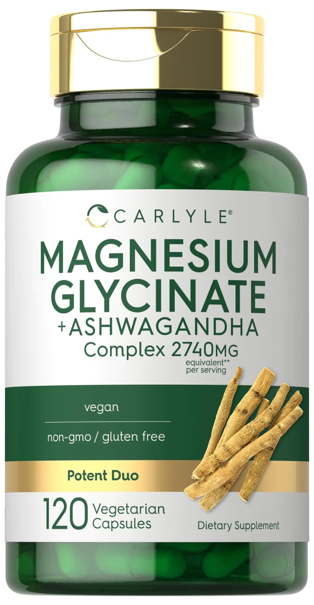 Carlyle Magnesium Glycinate with Ashwagandha | 2740mg Complex | 120 Vegetarian Capsules | Potent Duo | Non-GMO and Gluten Free Supplement