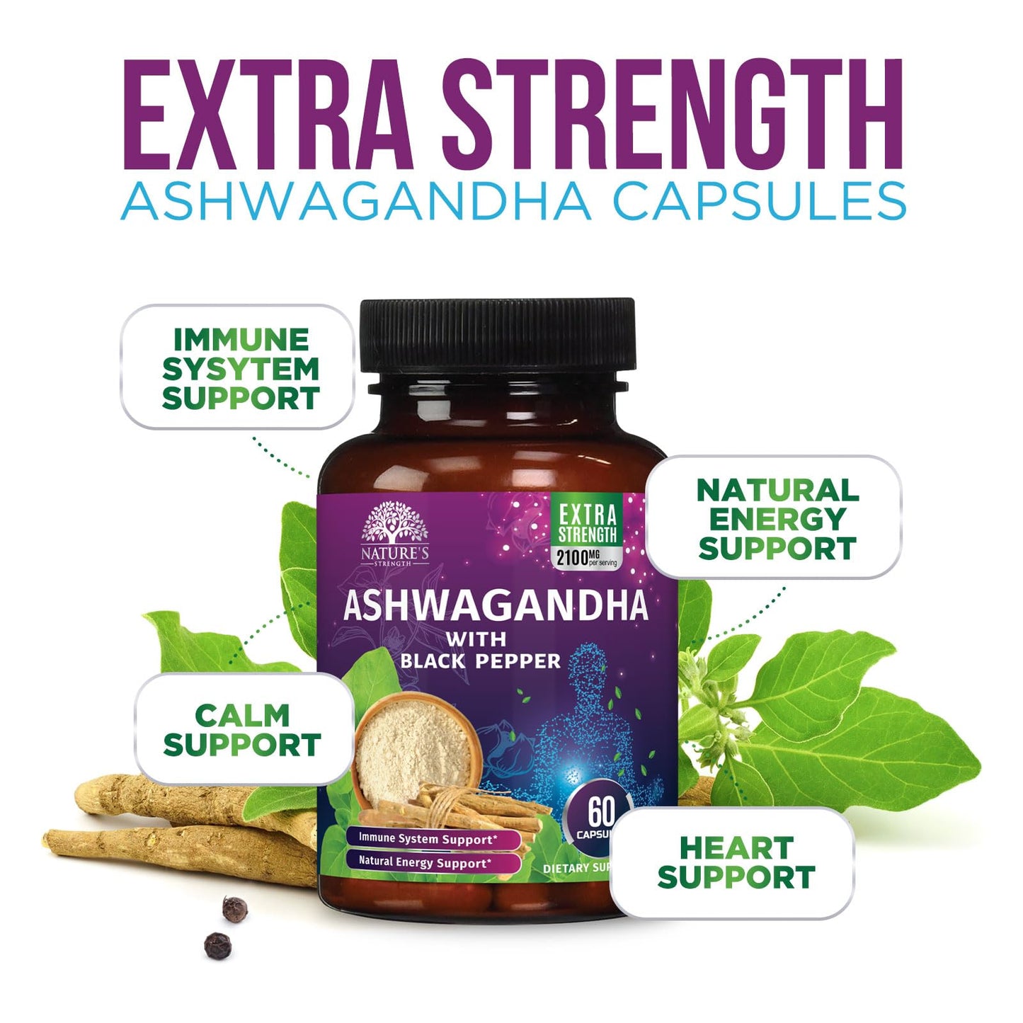 Ashwagandha Supplements 2100Mg - Extra Strength Ashwagandha Powder & Root Extract with Black Pepper for Max Absorption, Herbal Antioxidant Supplements for Women & Men, Vegan, Non-Gmo - 60 Capsules