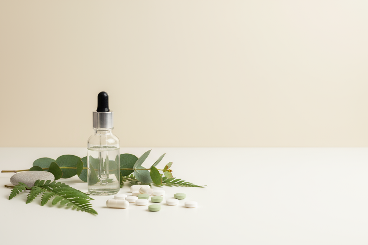 I need a minimilist image of suppement pils and tinture bottle with greenery 